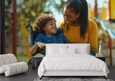 Concept of strong family bonds, support, love and care. Black cheerful woman hugging her happy disabled son sitting in a wheelchair Wall mural