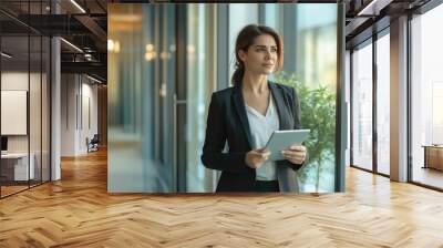 Confident female administrative manager in formal suit walking through office with digital tablet, checking work process Wall mural