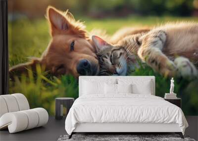 Cute dog and cat lying together on a green grass field nature in a spring sunny background Wall mural