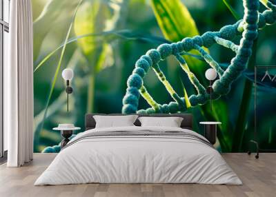 DNA on a background of green plant leaves. Selective focus. Wall mural