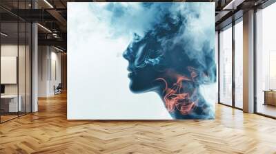 Double exposure abstract background of woman face and smokes. Mental health, depression, stress, overwork, anxiety issues concept Wall mural