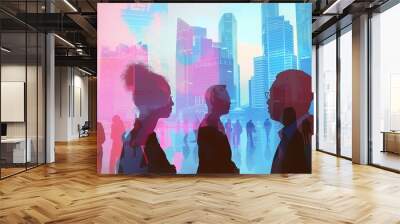 Double exposure of business people in conference group meeting with city office building background representing partnership success, teamwork, and agreement in corporate environment Wall mural