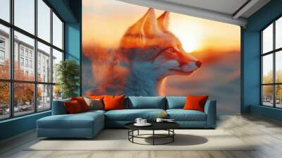 Fennec fox's face with rocky desert landscape, vibrant colors, double exposure silhouette effect, nature and wildlife concept, copy space Wall mural