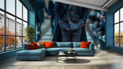 A man in a plaid suit walks down a runway Wall mural