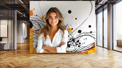 A woman is smiling and posing in front of a wall with a colorful abstract design Wall mural