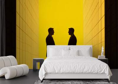 Two men shake hands in a hallway with yellow walls Wall mural