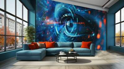 hacker or ai robot eye in dark tech space, cyborg vision on digital background. concept of cyber sec Wall mural