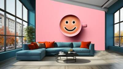 latte coffee in a cup minimalism smile pink background. Generative AI. Wall mural