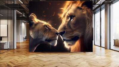 Lion and lioness in love. Generative AI, Wall mural