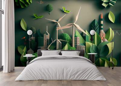 Mock up green city layout with paper, alternative energy. Generative AI. Wall mural