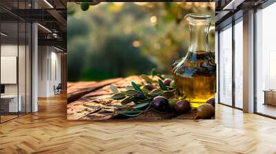 Olive oil on a table in the garden. Selective focus. Wall mural