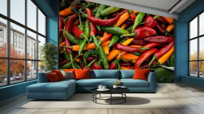 Pile of colorful red orange green chilli peppers Wall mural