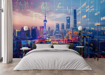 Shanghai China business skyline with stock exchange trading chart double exposure, Asia trading stock market digital concept Wall mural