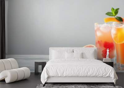 Summer Vibes: Hyper-Realistic Cocktails on Concrete Surface. Cocktails are positioned on the right side of the frame leaving the left side empty Wall mural