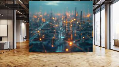 Technology network connecting modern city buildings, illustrating smart urban development. Wall mural