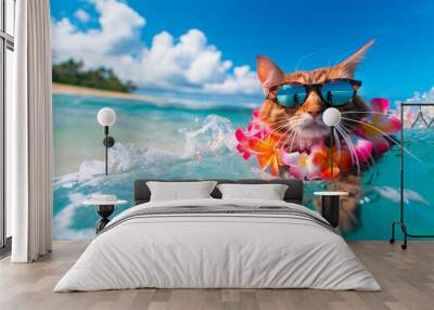 the cat swims on the surf. Selective focus. Wall mural