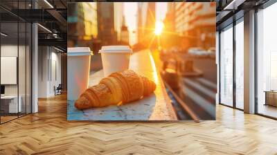 Two white paper cappuccino cups and croissants next to them, with a modern city street in the background. Mockup for an advertising banner. Wall mural