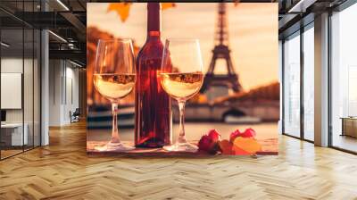 Wine picnic with the Eiffel Tower in the background. Selective focus. Wall mural