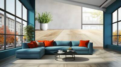 Wooden countertop of a modern kitchen with gray tiles on the wall with empty space for presentation and text Wall mural