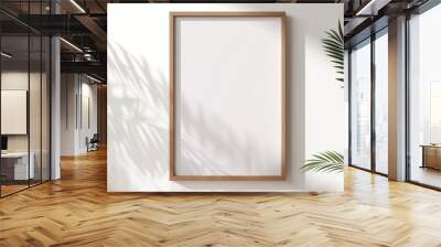 Wooden frame mockup on white wall. Poster mockup. Clean, modern, minimal frame. Indoor interior Wall mural