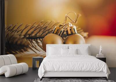 Christmas two golden ball. Christmas gifts. Wooden table.  Wall mural