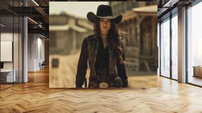 Confident cowgirl standing in a western town Wall mural