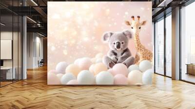 fondo tierno en colores pastel brillante con pelotas de colores claros y una jirafa y un koala bebe para tierna invitacion o tarjeta con espacio de copia Wall mural