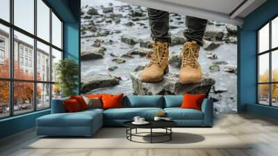 hiking boots and jeans walking Wall mural