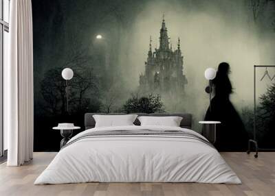 A dark ghostly figure moving through a misty forest in the evening. Spooky concept.Digital art Wall mural