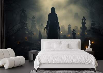 A ghostly figure moving through a misty graveyard in the evening. Spooky concept. Wall mural