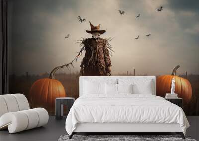 A ghostly scarecrow on the field in the evening. Spooky concept.Digital art Wall mural