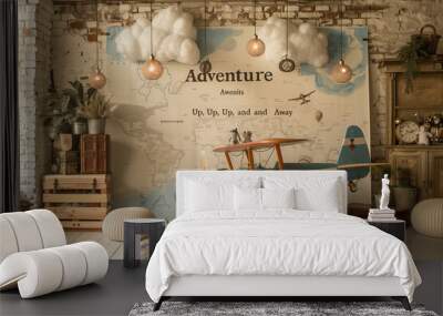 Adventure backdrop for kid and family photoshoot with airplane and balloons Wall mural