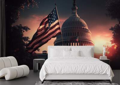 American flag with Capitol building in the background in the sunset. Generative ai. Wall mural