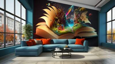 Book that contains fantastic stories, magic imaginary world full with color and happiness. Generative ai. Wall mural