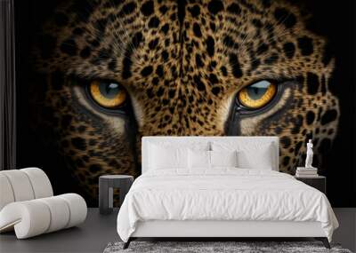 Close up on a leopard eyes on black Wall mural