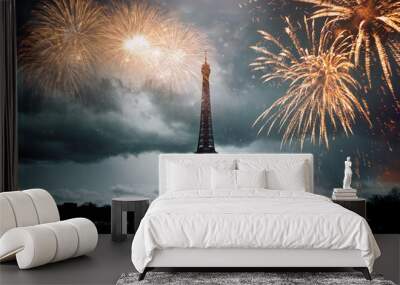 Colorful fireworks in Paris, Eiffel tower. Wall mural