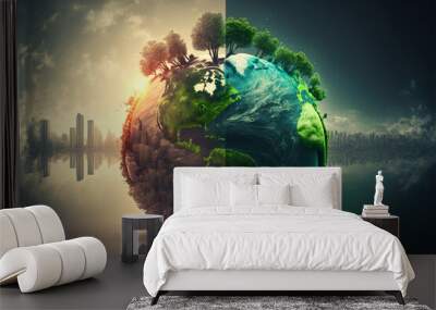 Cracked Earth VS Green Earth Concept. Global Warning, Climate Change and Save our Planet. Wall mural