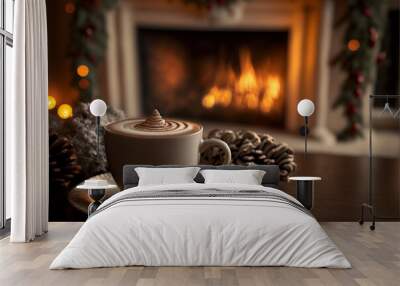 Delicious fresh festive morning cappuccino coffee in cozy Christmas decorated room Wall mural