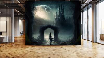 Digital art of a haunted castle and a ghost woman in a foggy Halloween night. Wall mural