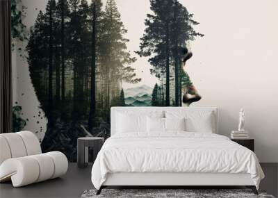 Double exposure of a man head and a forest.  Zen concept.Concept of environment caring devotion Wall mural