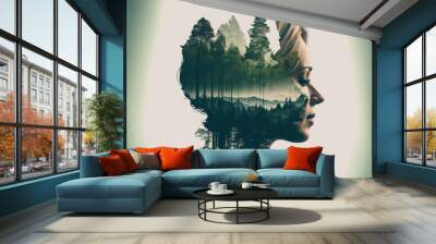 Double exposure of a woman head and a forest.  Zen concept.Concept of environment caring devotion Wall mural