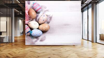 Easter background with Easter eggs. Top view with copy space. Wall mural