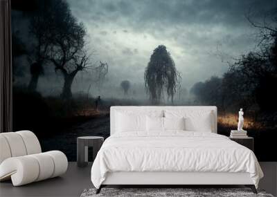 Frozen trees in the fog. Horror halloween background.Digital art Wall mural