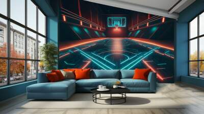 Futuristic basketball court made of neon lights. Generative ai. Wall mural