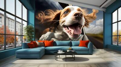 Happy dog with head out of the car window having fun. Travel with a pet concept. Generative AI. Wall mural