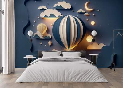 Hot air balloon on the night sky, paper craft art or origami style for baby nursery, children design.Generative ai. Wall mural