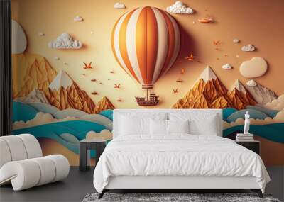 Hot air balloon over the sea,  paper craft art or origami style for baby nursery, children design.Generative ai. Wall mural