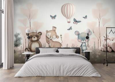 Kids room wallpaper with animals and pastel colors.Generative ai. Wall mural