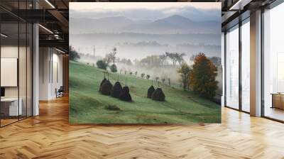 Landscape with beautiful hills, pasture and stack of hay covered with morning fog. Wall mural