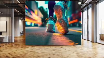 Leggs of a runner in the city.Sport action and human challenge concept. Generative ai. Wall mural